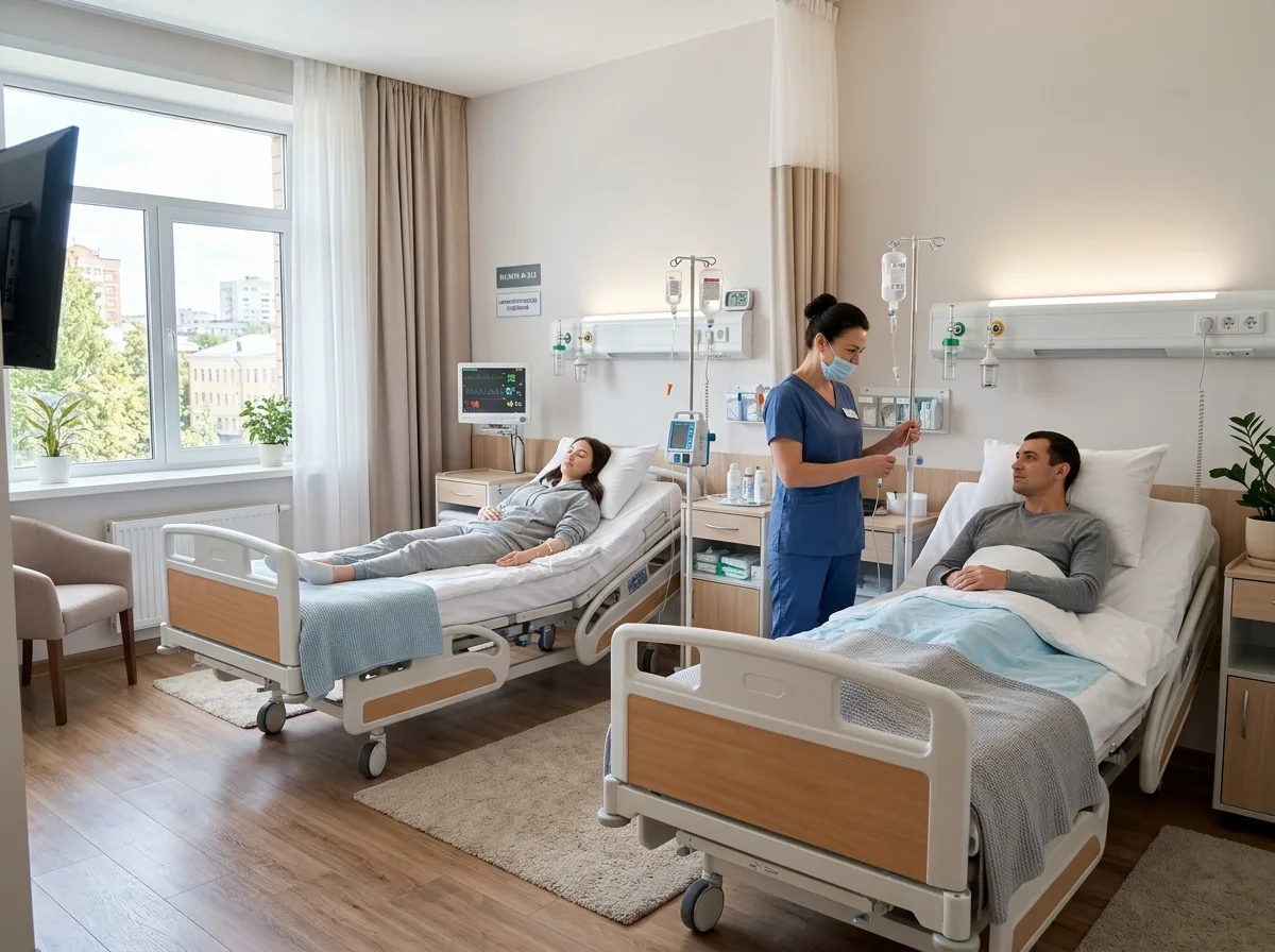 Светлая современная наркологическая палата стационара в Нижнем Новгороде: чистые кровати, медицинское оборудование, капельница, спокойная доверительная атмосфера