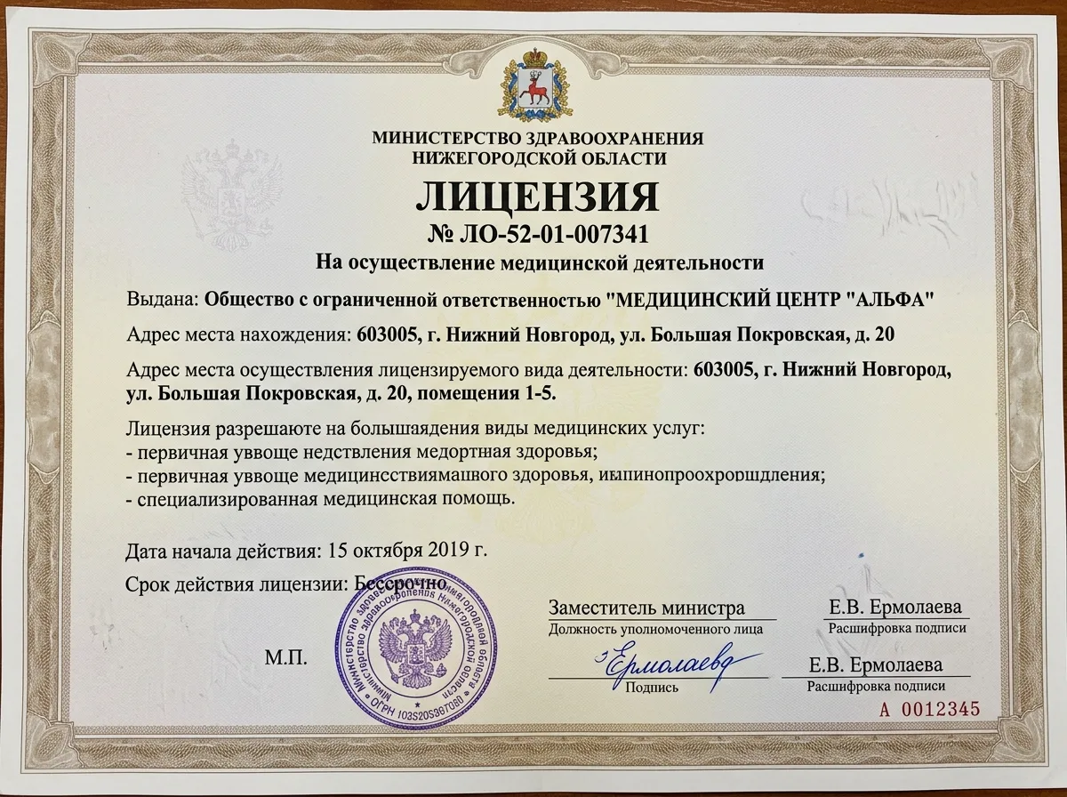 Скан лицензии ЛО-52-01-007341 на медицинскую деятельность, выданной Министерством здравоохранения Нижегородской области, официальный документ с печатью и подписью
